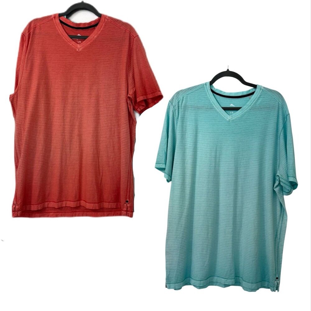 Lot of 2 Tommy Bahama Cotton V-Neck T-Shirt Large Blue Orange‎ Lightweight Comfy